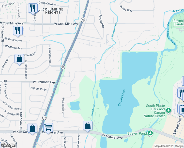 map of restaurants, bars, coffee shops, grocery stores, and more near 6930 Polo Ridge Drive in Littleton