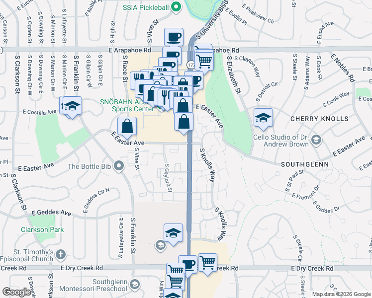 map of restaurants, bars, coffee shops, grocery stores, and more near 2301 East Fremont Avenue in Centennial