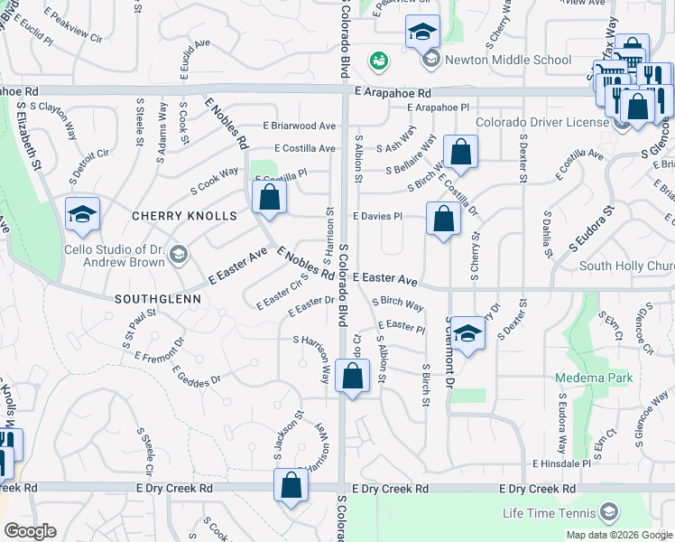 map of restaurants, bars, coffee shops, grocery stores, and more near 3992 East Nobles Road in Centennial