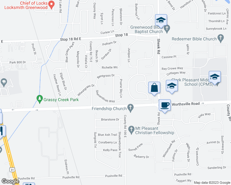 map of restaurants, bars, coffee shops, grocery stores, and more near 2001 Morning Light Lane in Greenwood
