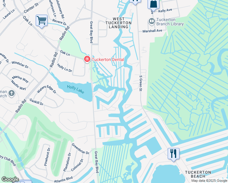 map of restaurants, bars, coffee shops, grocery stores, and more near 40 Daddy Tucker Drive in Little Egg Harbor Township