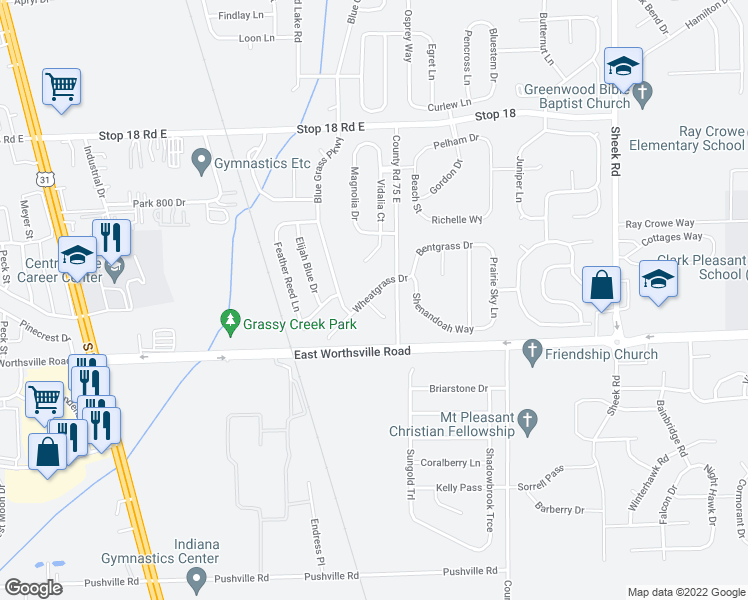 map of restaurants, bars, coffee shops, grocery stores, and more near 1885 Evergold Circle in Greenwood