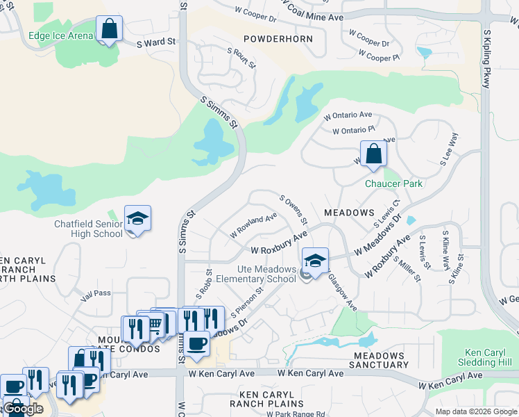 map of restaurants, bars, coffee shops, grocery stores, and more near 7055 South Parfet Street in Littleton