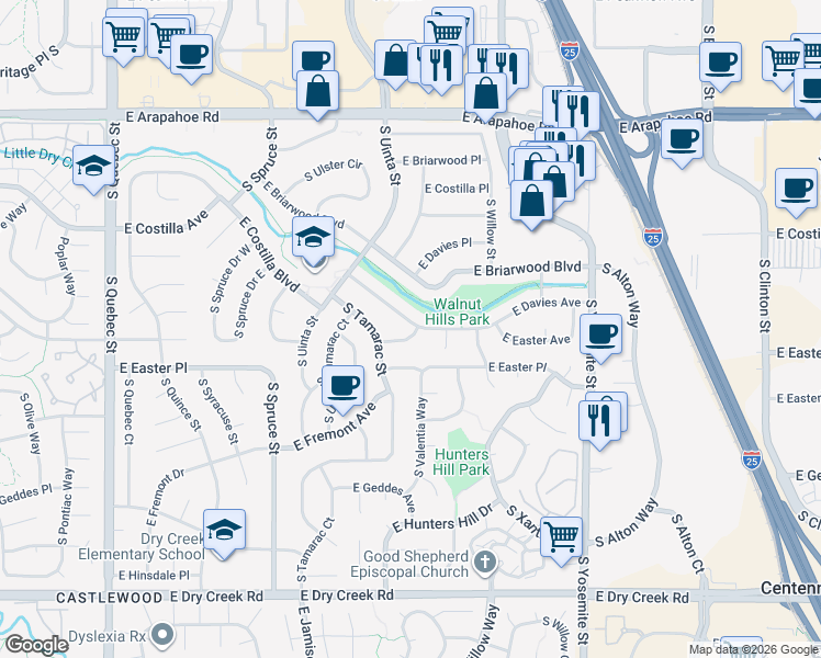 map of restaurants, bars, coffee shops, grocery stores, and more near 8306 East Easter Place in Centennial