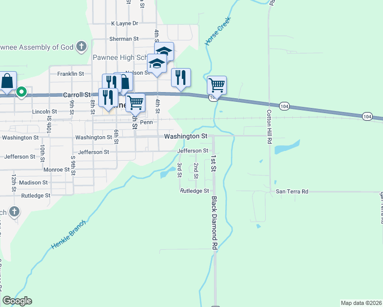 map of restaurants, bars, coffee shops, grocery stores, and more near 143 2nd Street in Pawnee