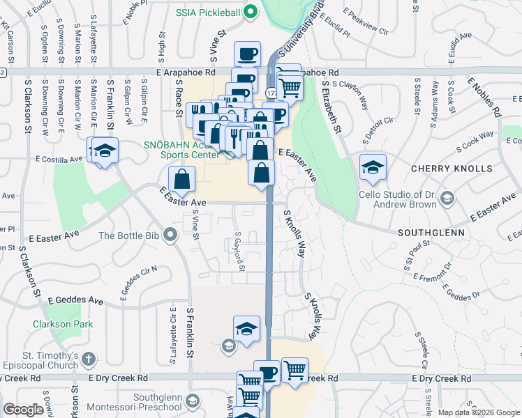 map of restaurants, bars, coffee shops, grocery stores, and more near 2301 East Fremont Avenue in Centennial