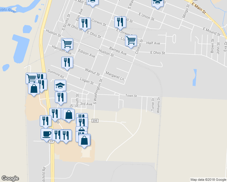 map of restaurants, bars, coffee shops, grocery stores, and more near 360 Logan Street in Circleville