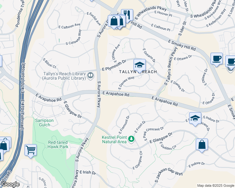 map of restaurants, bars, coffee shops, grocery stores, and more near in Aurora