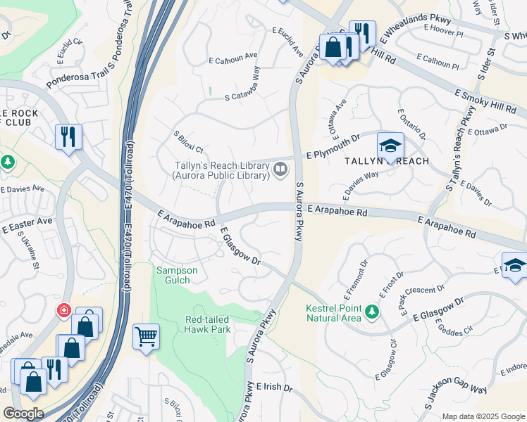 map of restaurants, bars, coffee shops, grocery stores, and more near in Aurora