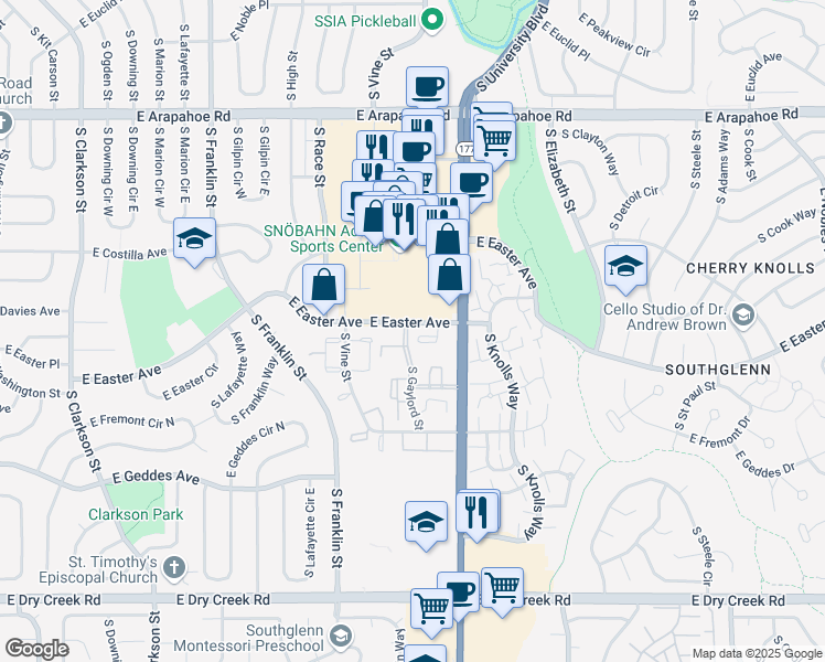 map of restaurants, bars, coffee shops, grocery stores, and more near 7110 South Gaylord Street in Littleton