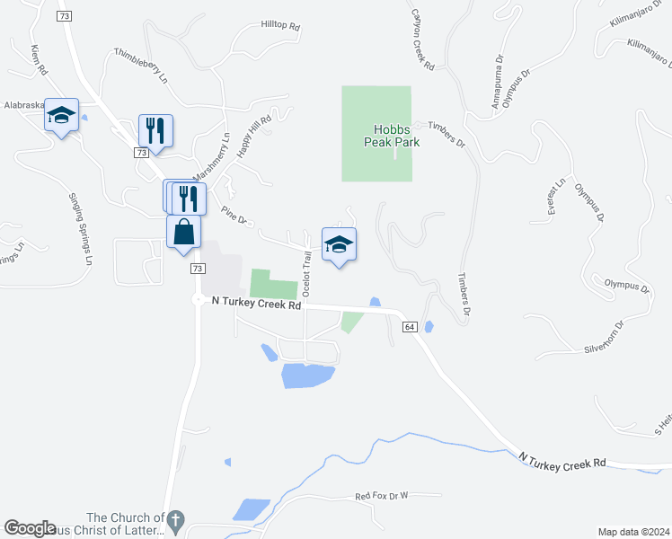 map of restaurants, bars, coffee shops, grocery stores, and more near 26663 North Turkey Creek Road in Evergreen