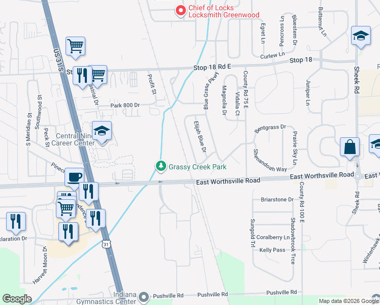 map of restaurants, bars, coffee shops, grocery stores, and more near 1772 Feather Reed Lane in Greenwood