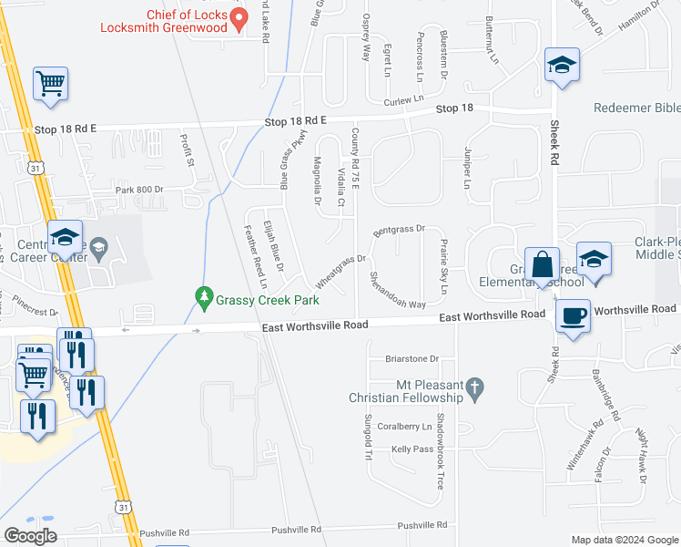 map of restaurants, bars, coffee shops, grocery stores, and more near 839 Wheatgrass Drive in Greenwood