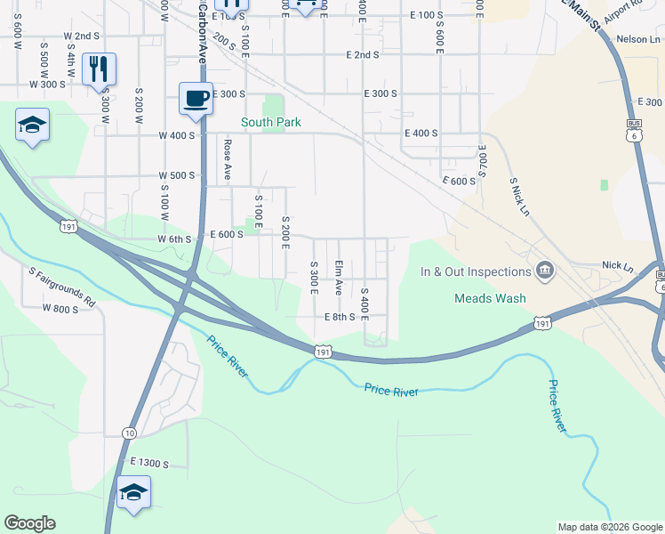 map of restaurants, bars, coffee shops, grocery stores, and more near 610 Elm Street in Price