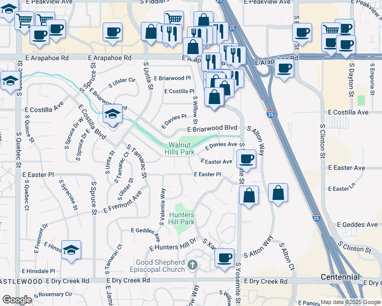 map of restaurants, bars, coffee shops, grocery stores, and more near 8663 East Davies Avenue in Centennial