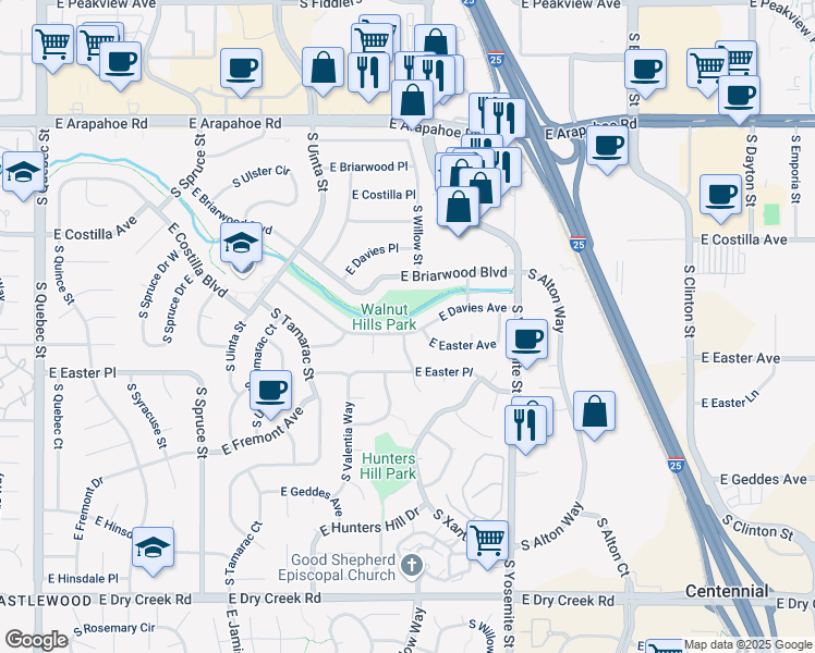 map of restaurants, bars, coffee shops, grocery stores, and more near 8663 East Davies Avenue in Centennial
