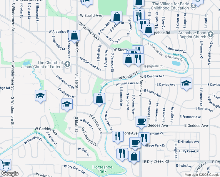map of restaurants, bars, coffee shops, grocery stores, and more near 291 West Davies Avenue North in Littleton