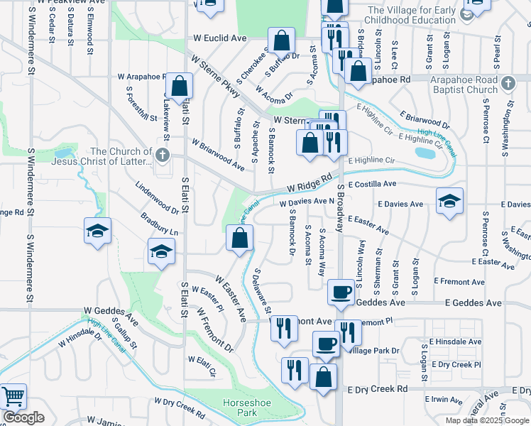 map of restaurants, bars, coffee shops, grocery stores, and more near 291 West Davies Avenue North in Littleton