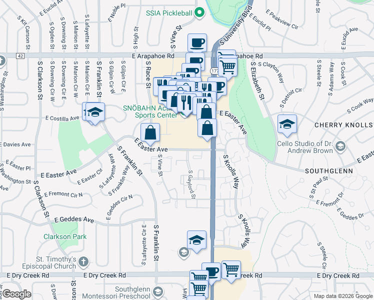 map of restaurants, bars, coffee shops, grocery stores, and more near 2298 East Easter Avenue in Centennial