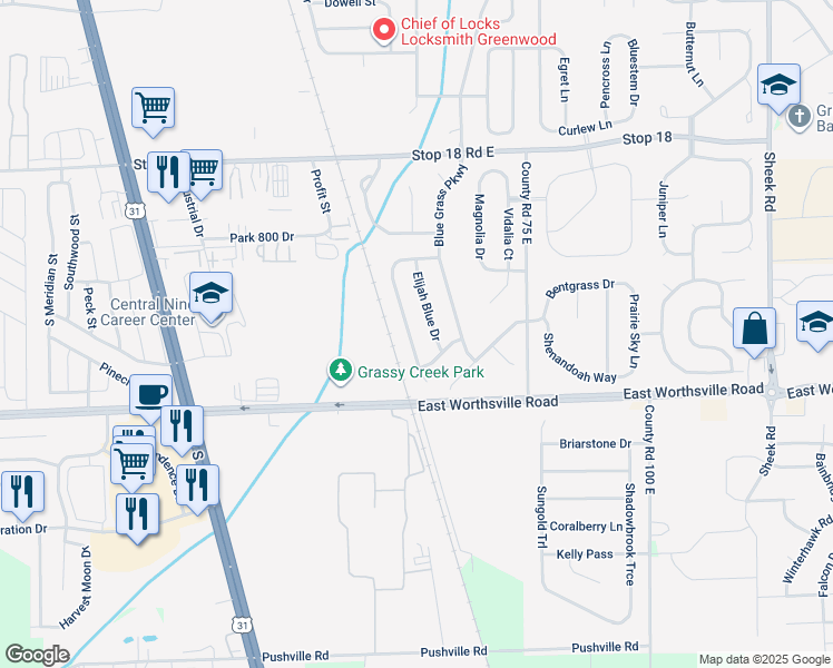 map of restaurants, bars, coffee shops, grocery stores, and more near 1771 Feather Reed Lane in Greenwood