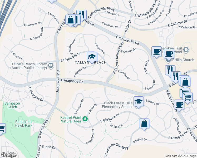 map of restaurants, bars, coffee shops, grocery stores, and more near 24654 East Quarto Place in Aurora