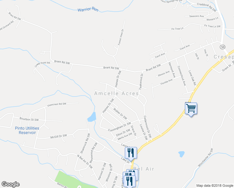 map of restaurants, bars, coffee shops, grocery stores, and more near 14137 Louise Drive Southwest in Cresaptown
