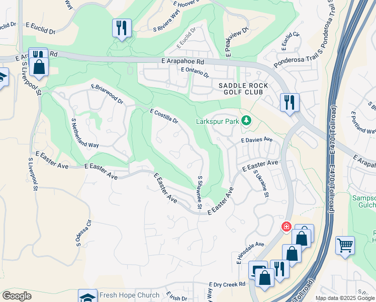 map of restaurants, bars, coffee shops, grocery stores, and more near 7012 South Shawnee Street in Aurora