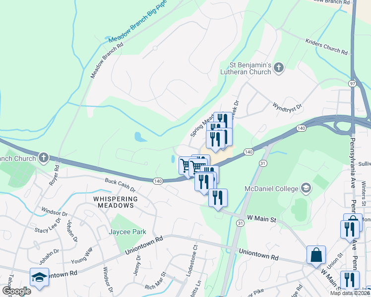 map of restaurants, bars, coffee shops, grocery stores, and more near 557 Hidden Stream Court in Westminster