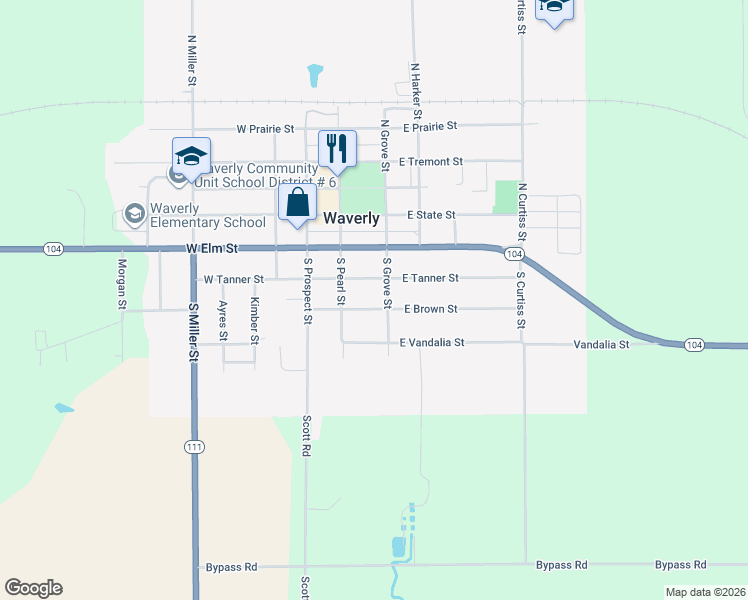 map of restaurants, bars, coffee shops, grocery stores, and more near 196 East Tanner Street in Waverly