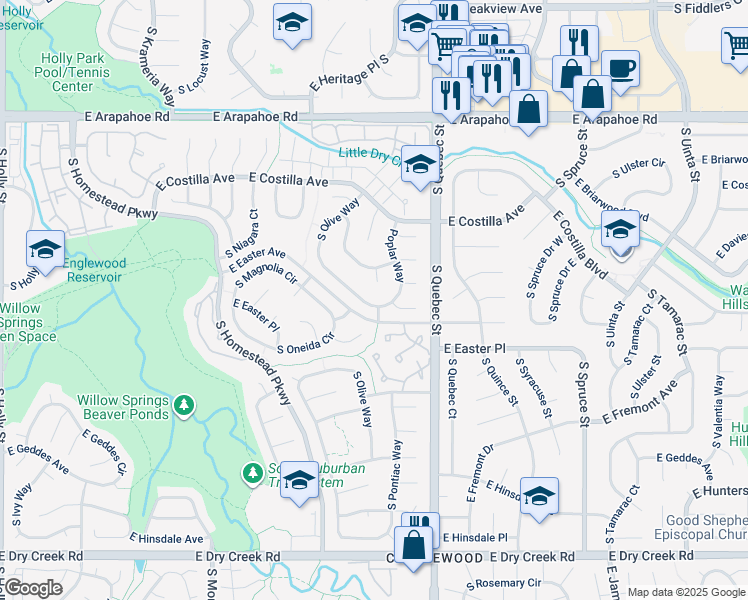 map of restaurants, bars, coffee shops, grocery stores, and more near 6994 South Olive Way in Centennial