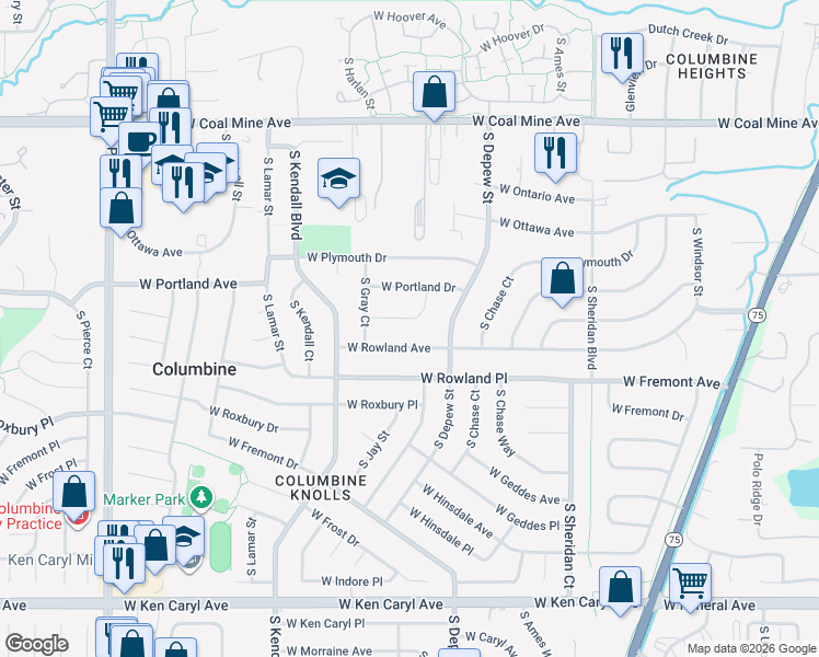map of restaurants, bars, coffee shops, grocery stores, and more near 5905 West Quarles Drive in Littleton