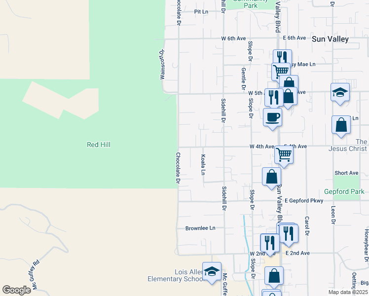 map of restaurants, bars, coffee shops, grocery stores, and more near 393 West 4th Avenue in Sun Valley