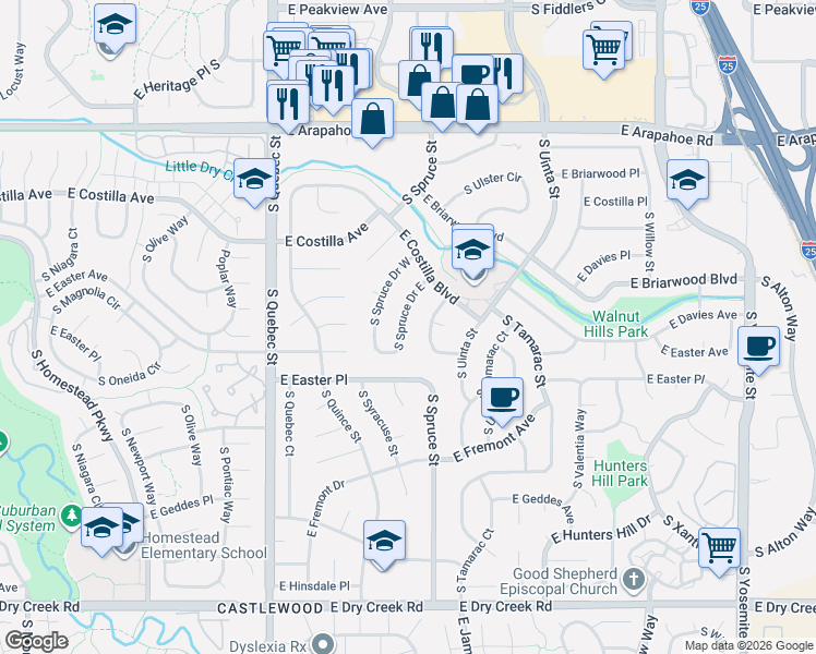 map of restaurants, bars, coffee shops, grocery stores, and more near 7024 South Spruce Drive West in Centennial