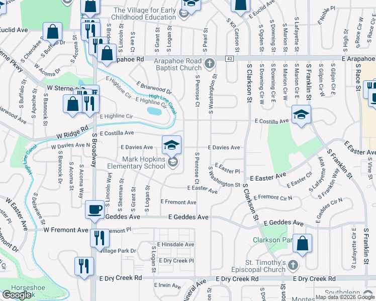 map of restaurants, bars, coffee shops, grocery stores, and more near 610 East Davies Avenue in Centennial