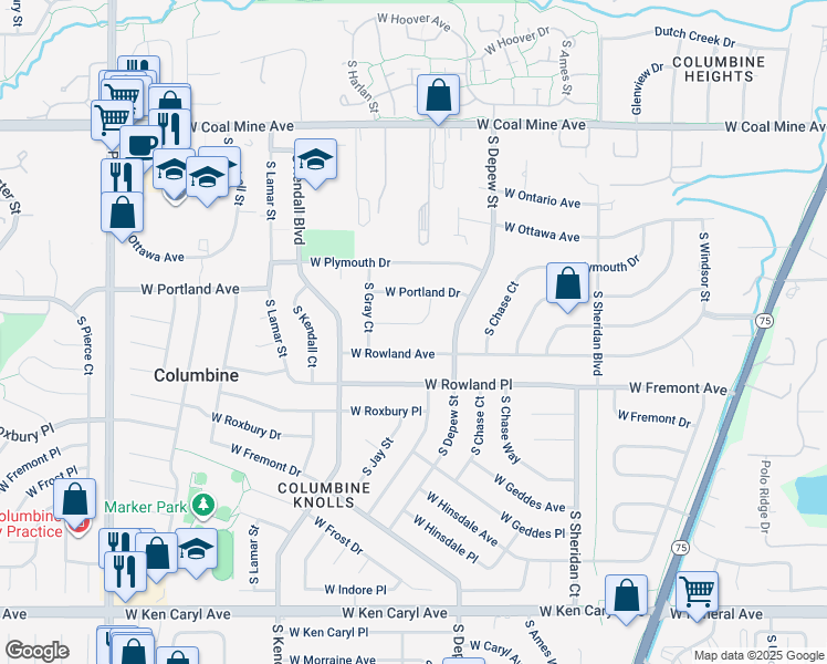 map of restaurants, bars, coffee shops, grocery stores, and more near 5905 West Quarles Drive in Littleton