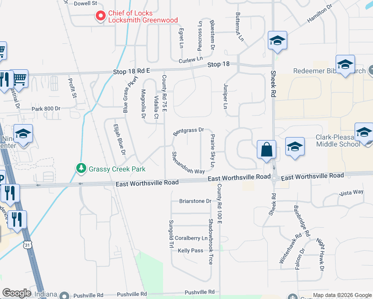 map of restaurants, bars, coffee shops, grocery stores, and more near 903 Bentgrass Drive in Greenwood
