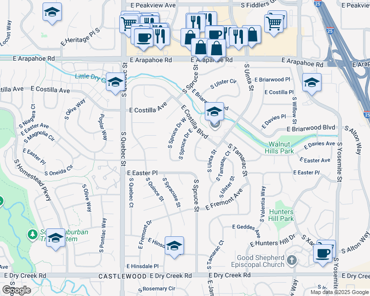 map of restaurants, bars, coffee shops, grocery stores, and more near 7024 South Spruce Drive East in Centennial