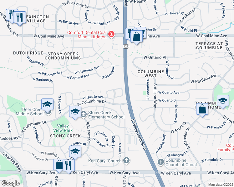 map of restaurants, bars, coffee shops, grocery stores, and more near 7034 South Cody Street in Littleton