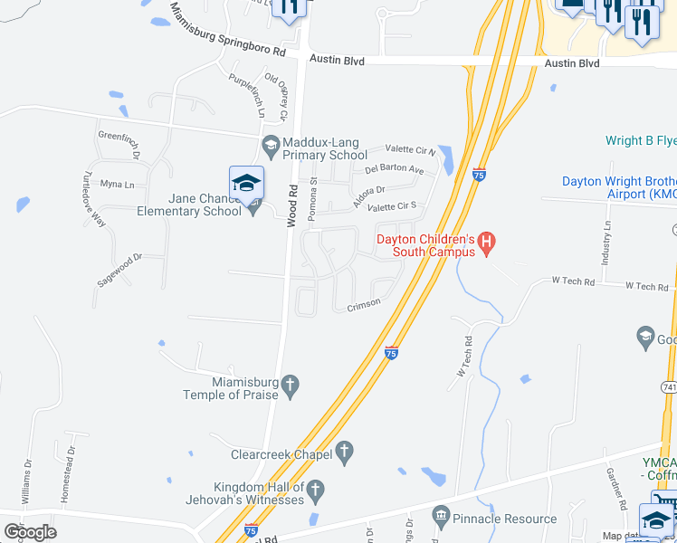 map of restaurants, bars, coffee shops, grocery stores, and more near 11166 Oakwood Village Boulevard in Miamisburg