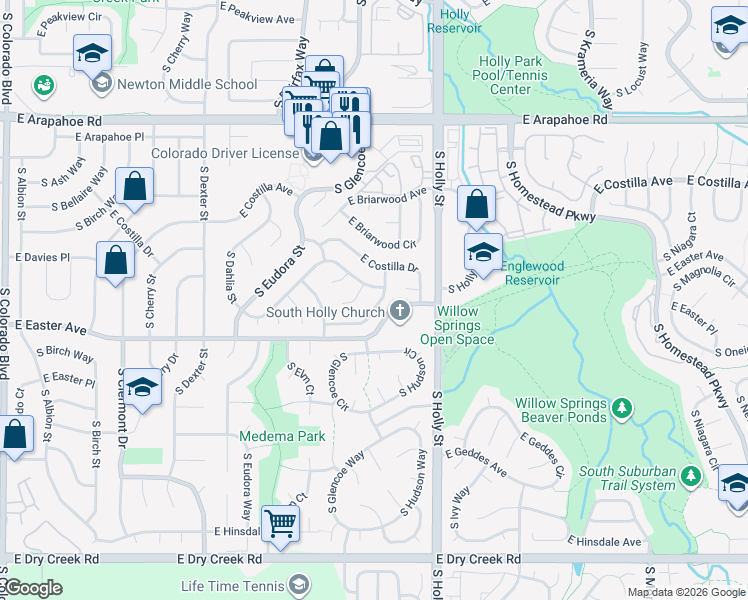 map of restaurants, bars, coffee shops, grocery stores, and more near 7033 South Grape Way in Centennial