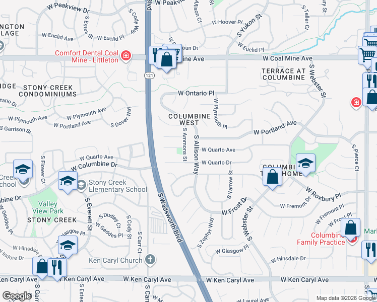 map of restaurants, bars, coffee shops, grocery stores, and more near 8133 West Quarto Avenue in Littleton