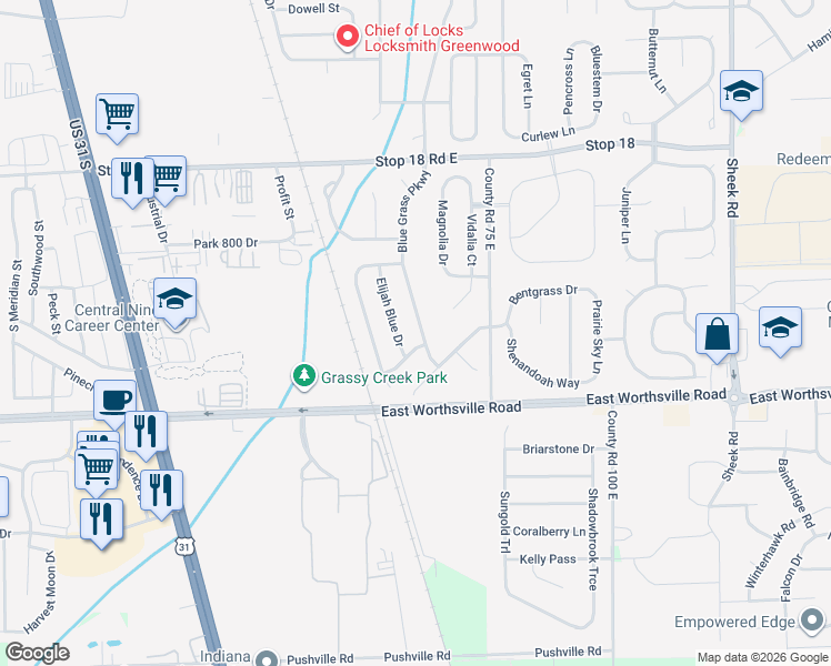 map of restaurants, bars, coffee shops, grocery stores, and more near 1755 Elijah Blue Drive in Greenwood