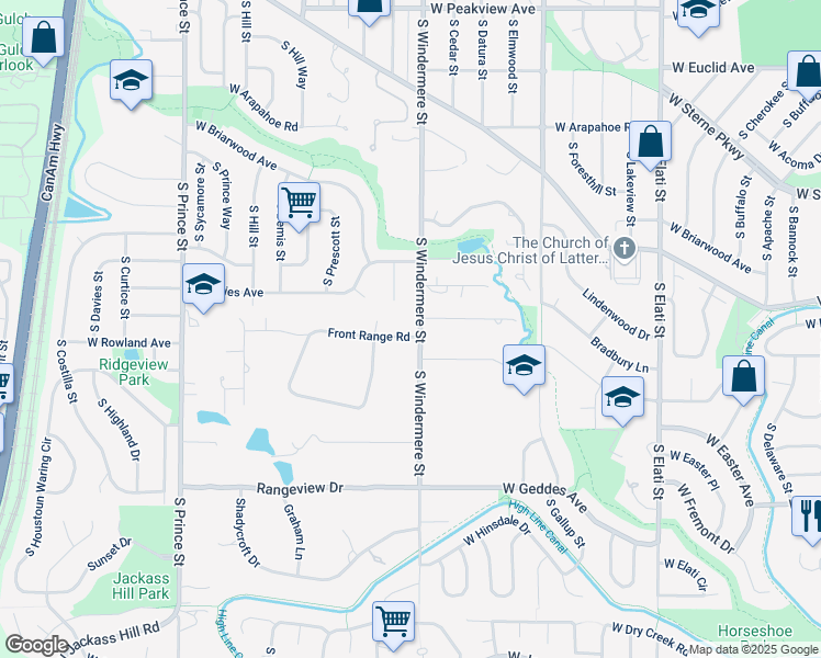 map of restaurants, bars, coffee shops, grocery stores, and more near 7059 South Windermere Street in Littleton