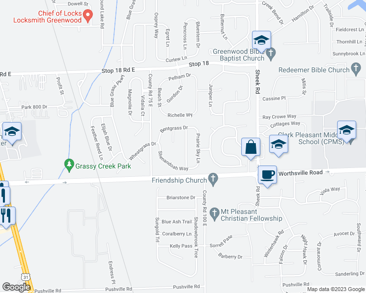 map of restaurants, bars, coffee shops, grocery stores, and more near 1954 Morning Light Lane in Greenwood