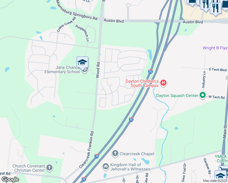 map of restaurants, bars, coffee shops, grocery stores, and more near 11134 Oakwood Village Boulevard in Miamisburg