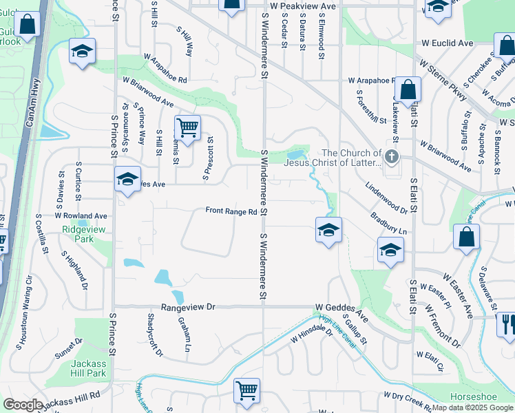 map of restaurants, bars, coffee shops, grocery stores, and more near 7059 South Windermere Street in Littleton