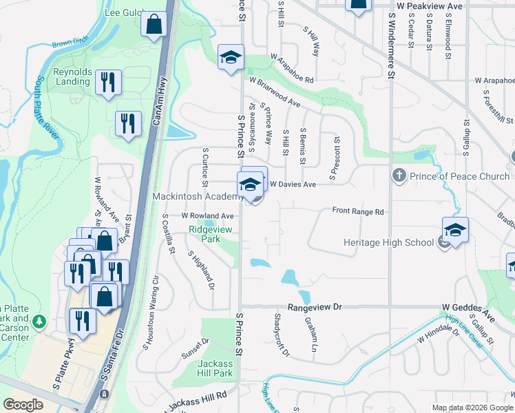 map of restaurants, bars, coffee shops, grocery stores, and more near 7018 South Prince Street in Littleton