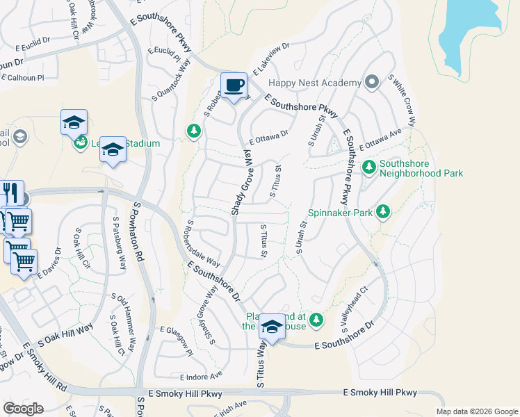 map of restaurants, bars, coffee shops, grocery stores, and more near 27200 East Davies Place in Aurora