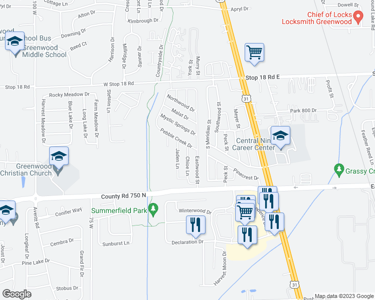 map of restaurants, bars, coffee shops, grocery stores, and more near Chloe Lane in Greenwood