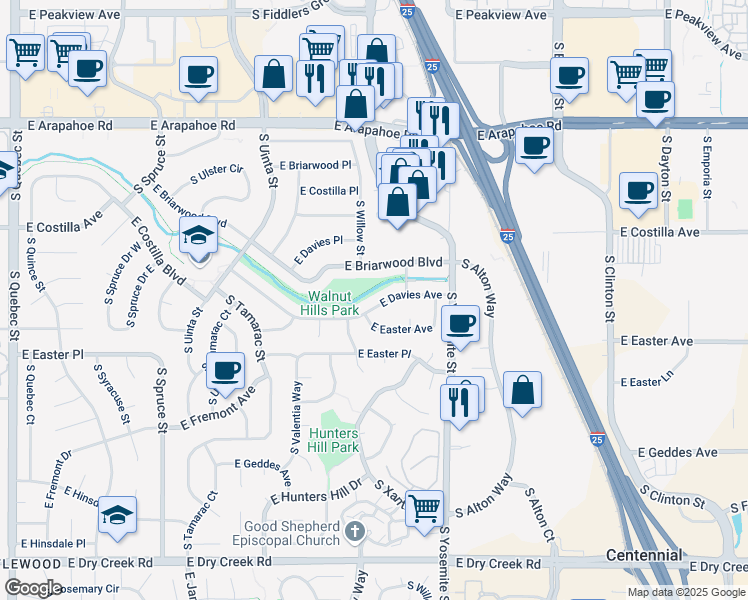 map of restaurants, bars, coffee shops, grocery stores, and more near 8663 East Davies Avenue in Centennial